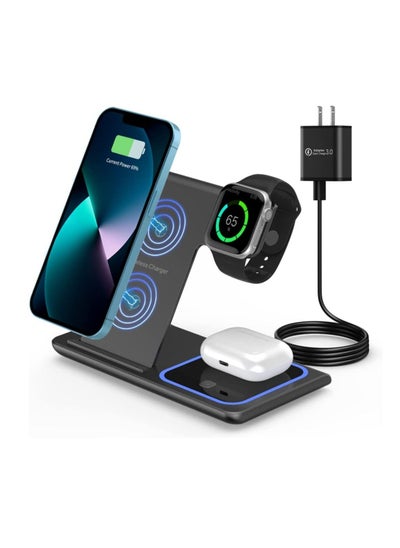 اشتري Wireless Charging Station, 3 in 1 Foldable Wireless Charger Stand, Wireless Charging Stand for iPhone & Samsung Series, Apple Watch, and Qi-Certified Phones (Black) في السعودية