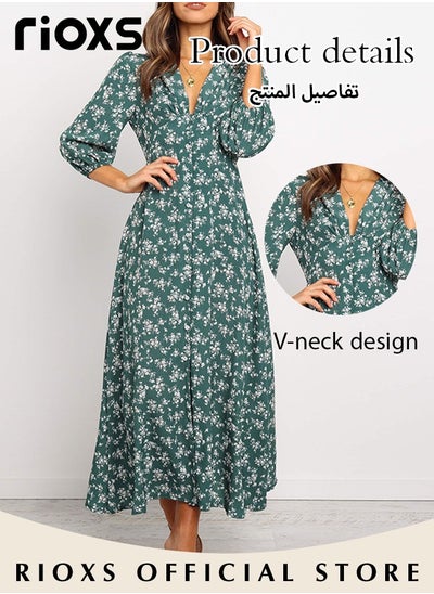 Buy Women's V Neck Lantern Sleeve Chiffon Floral Long Dress Floral Printed A-Line Casual Button High Waist Summer Beach Dress in UAE