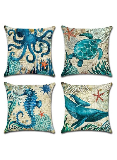 Buy 4Pcs Blue Marine Life Pattern Waterproof Cushion Covers for Outdoor Patio Garden Living Room Sofa Farmhouse Decor 18x18in in UAE
