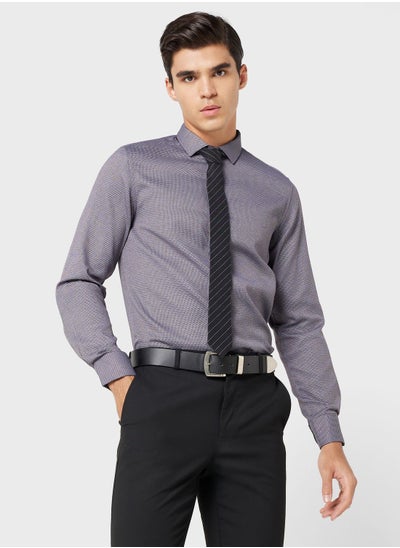 Buy Men Easy Care Grey Black Self Design Sustainable Formal Shirt in UAE