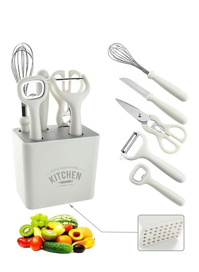 اشتري 6-Piece Kitchen Peeler Set with Bottle Opener, Stirrer, Fruit Knife, Scissors and Decorative Storage Base with Food Grade 304 Stainless Steel and Anti-Slip Handle Base في السعودية