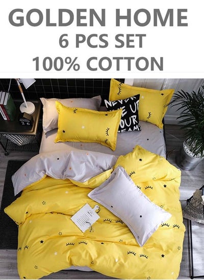 Buy 6-Piece Single Size Cotton Printed Combination Duvet Cover Set Includes 1xFitted Bedsheet 120x200+30cm, 1xDuvet/Bed Cover 160x210 cm, 2xPillowcase 55x80cm, 2xCushion Case 45x70cm Multicolour in UAE