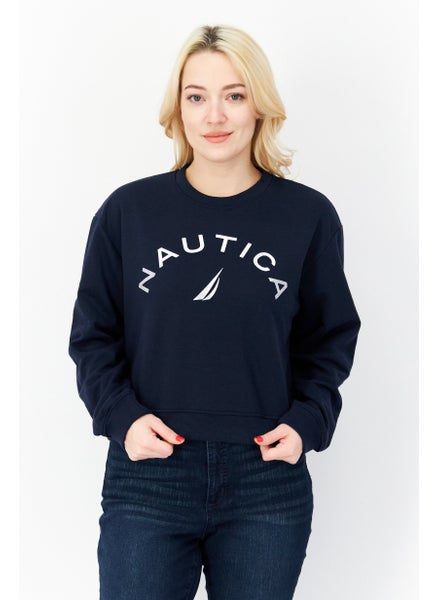 Buy Women Crew Neck Brand Logo Long Sleeves Sweatshirt, Navy Blue/Silver in UAE