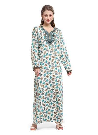 اشتري MULTICOLOUR FLORAL PRINTED WITH EMBROIDERED ELEGANT ARABIC KAFTAN JALABIYA DRESS في السعودية