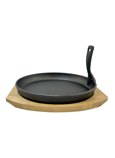 Buy Ergonomic Handle Cast Iron Wooden Base Round Sizzling Serving Plate Black 5 x 27 x 29 cm XG914 in Saudi Arabia