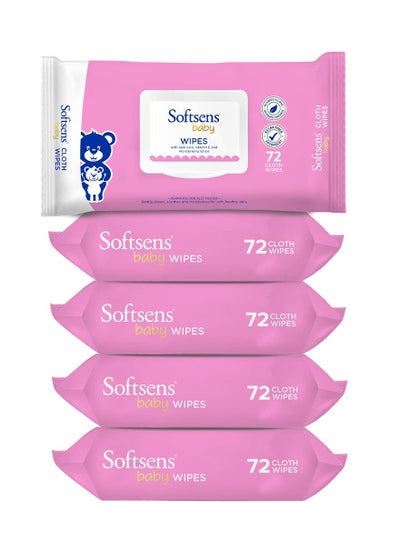 اشتري Softsens Baby Gentle Cloth Wipes for Baby Skin Enriched with Aloe Vera and Vitamin E Dermatologically Tested and Parben Free with Lid 72 wipes Pack of 5 في الامارات