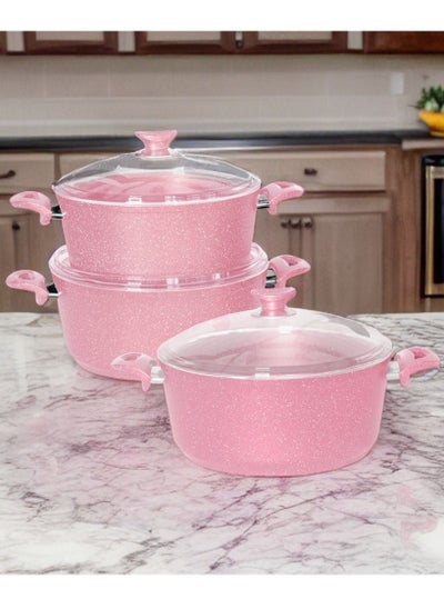 Buy 6-Piece Aluminium Granite Coated Cookware Set Rose Pink/Clear Small 26, Medium 28, Big 30cm in UAE