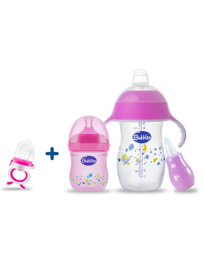 Buy 280 ml cup with 2 Teats Cup and Natural Nipple for 6 Months and 150 ml bottle with nipple for 1 months old, mucus pump with Fruit Food Feeder teether Gift Pink - rose Assorted in Egypt