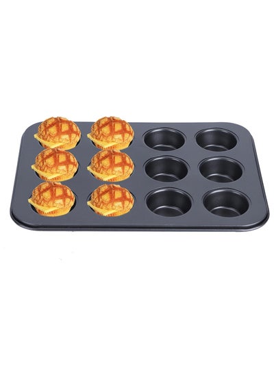 اشتري Cake Molds Non Stick Reusable Muffin Cupcake Baking Pan of 12 Cup - Black في مصر