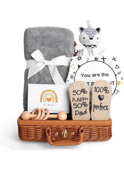 Buy Baby Shower Gifts, New Born Baby Gifts for Girls Boys, Unique Baby Gifts Basket Essential Stuff - Baby Lovey Blanket Newborn Bibs Socks Wooden Rattle & Greeting Card, Newborn Baby Gift Set in UAE