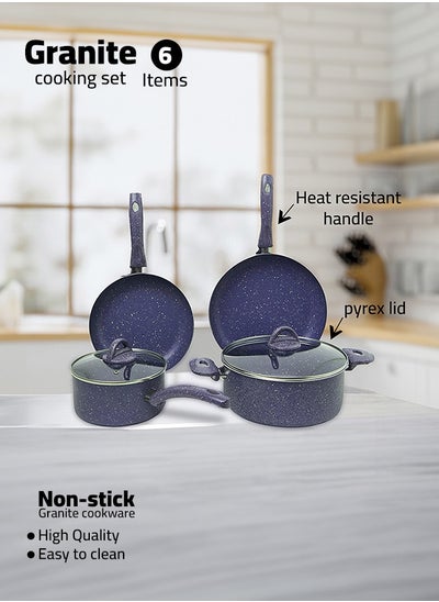 اشتري 6 Pieces Turkish Granite Cookware Set with Pyrex Lid - Blue في السعودية