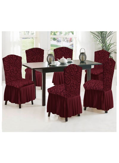 Buy 6-Piece Woven Jacquard Stretch Fit Dining Chair Slipcovers Set Maroon in UAE