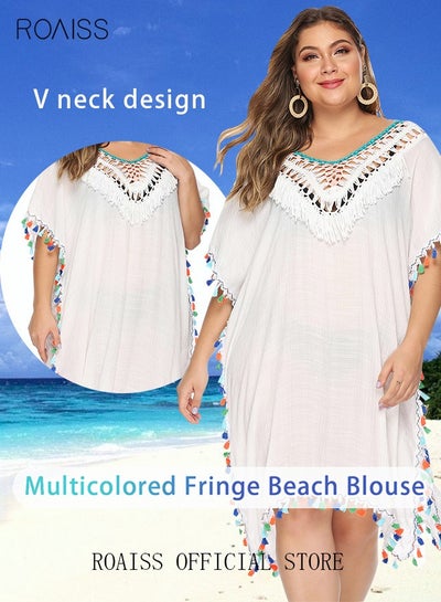 Buy Women Lace Up Beach Blouse with Fringe Trim Cover Up Beachwear Embroidery Mesh Dress Casual Bathing Suit Sunscreen Swim Skirt Hollow Lace Cardigan for Summer White in Saudi Arabia
