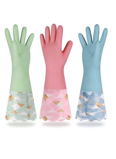 Buy 3 Pairs Cleaning Gloves for Winter Plus Velvet Reusable Household Kitchen Dishwashing Glove Latex Free Non Slip Waterproof Long Sleeves Keep Warm From Cold for Kitchen Cleaning Pet Care and more in Saudi Arabia