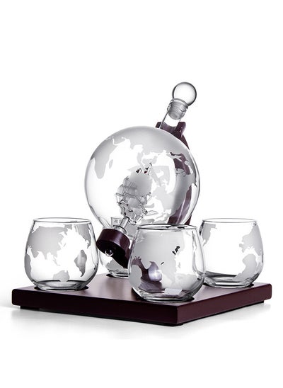 Buy Whiskey Decanter Globe Set with 4 Etched Whiskey Glasses,Reusable Whiskey Stone Ice Cubes, Cherry Wood Stand, Pour Funnel- for Scotch Bourbon,Gifts For Men - 850ml in UAE