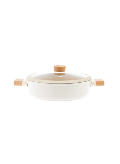 Buy Swiss Crystal High Quality Ceramic Coating Non-Stick Low Casserole - 22cm- Glass Lid With Protective Silicon Edge - Natural Wood Handles and Knob - Beige in UAE