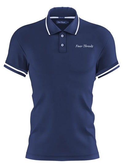 Buy Finer Threads Navy Blue Men's Polo Shirt with Contrast Collar and Thin Stripes-Regular Fit in UAE