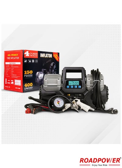 اشتري 4 Cylinder Car Air Compressor Ultra Extreme 4x4 Tire Super Air Flow Portable 150 PSI 400 LPM 12V Tire Inflator For Car Truck Bicycle Football And Other Inflatables With Carry Bag في الامارات