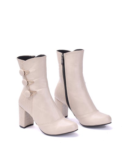 Buy Lifestylesh R-3 Zayer Ornament Leather Heeled Boots Stylish - Beige in Egypt