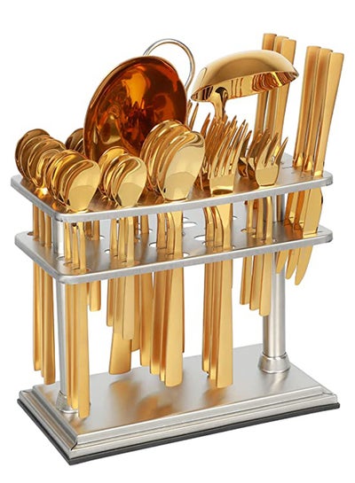 Buy Cutlery Set 38-Piece 18/10 Stainless Steel Spoon Set - Knife and Forks with cutlery holder - Tea & Ice Spoons - Dinner & Cake Fork - Fruit Knife - Soup ladle - Rice Server - Service for 6 Gold in UAE