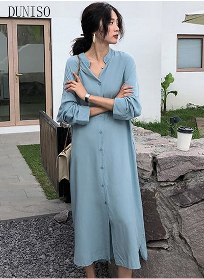 Buy Women Elegant Casual Summer Spring Long Dress Button Down Front Long Sleeve Maxi Dress Long Cardigan Cover Ups Shirt Dresses in Saudi Arabia