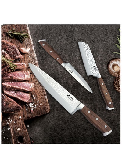 Buy V A V PREMIUM 3-Piece Knives Set. Set includes: 8-inch Chef, 5-inch Santoku & Utility Knives. Comfortable Walnut Wood Handle and Professional Hammered Stainless Steel with Long-Lasting Sharpness. in UAE