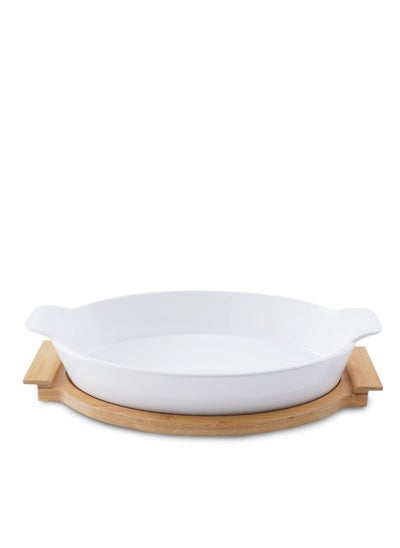 اشتري Natura Oval Baking Dish With Bamboo Base 2.2L- White في الامارات