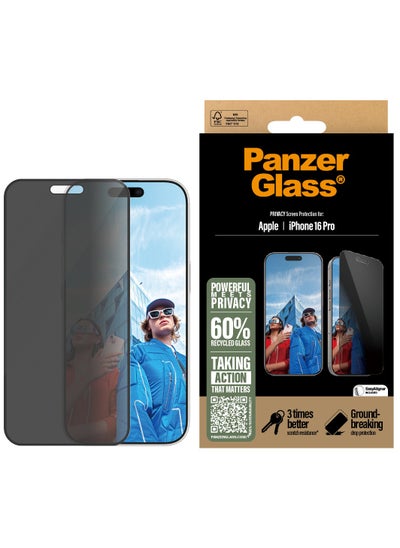 Buy PanzerGlass® Privacy Screen Protector for Apple iPhone 16 Pro Tempered Glass, High Scratch Resistance, Impact Resistance, Smudge-Free Coating - with mounting aid for easy installation in UAE