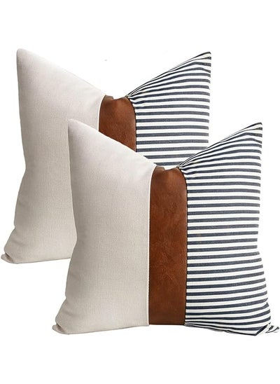 اشتري Set Of 2 Farmhouse Decorative Throw Pillow Coversmodern Faux Leather Accent Pillow Coversstripe Patchwork Linen Pillowcases Cushion Covers For Couch Sofa Bed Decor Blue في السعودية