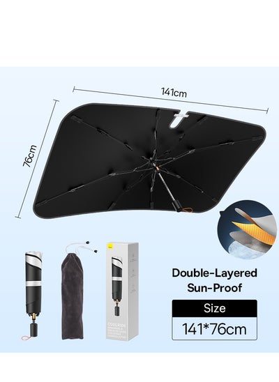 اشتري Upgraded Car Sunshade Double-Layer Silver-Coated Fabric Sun Shade Anti-UV Rays & Sun Heat Protection Umbrella for Car Windshield Compatible for SUVs 141cm x 76cm Large Size- Black في الامارات