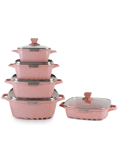 اشتري 10-Piece Granite Cookware Set - Square Pots and Pans set, Non Stick Kitchen Cooking Set Oven Safe - Die cast Aluminum Core include Soup Pots & Shallow Pot (Pink) في الامارات