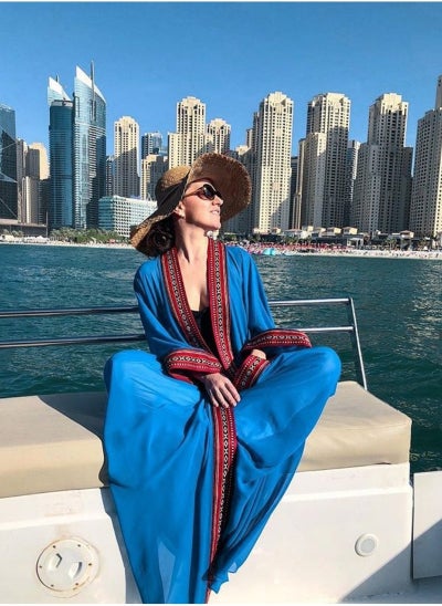 Buy Summer Long Kaftan Bohemian Beach Kimono Swimsuit Cover Up Plus Size Dress for Women Sunscreen cardigan Length: 140cm (Blue) in Saudi Arabia