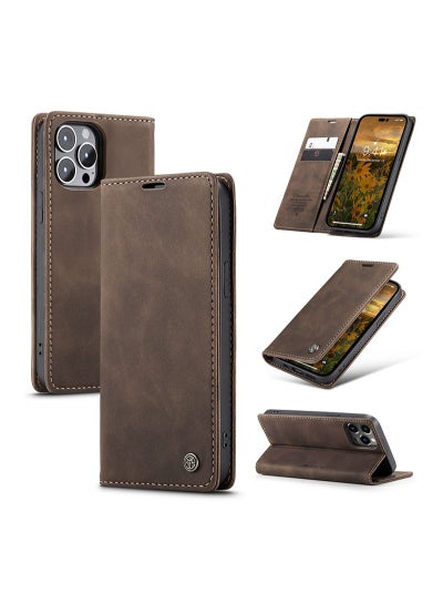 Buy iPhone 14 Pro Max 6.7 inch Leather Wallet Case with Card Slot and Magnetic Closure Flip Fold Case Brown in Saudi Arabia
