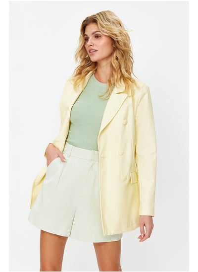 Buy Light Yellow Double Breasted Closure Woven Lining Faux Leather Blazer Jacket TWOAW21CE0156 in Egypt