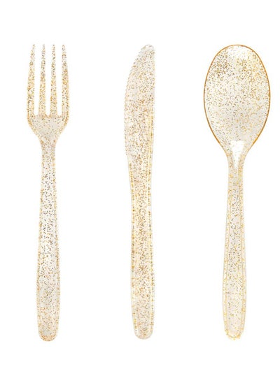 Buy 30 Pieces PVC Plastic Knife and Fork Cutlery Set,Disposable Gold Glitter Plastic Tableware Set - Plastic Tableware Includes: 10 Gold Forks, 10 Gold Spoons, 10 Gold Knives Fancy Partyware in Saudi Arabia