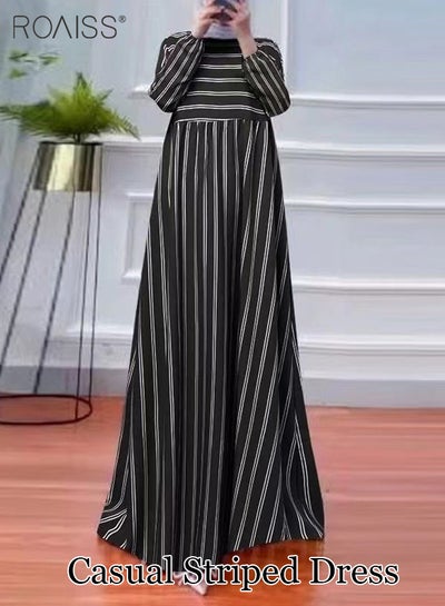 Buy Abaya Style Striped Design Casual Loose Dress Women'S Fashion Versatile Commuting Daily Long-Sleeved A-Line Long Skirt in UAE