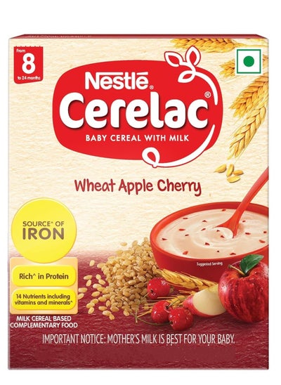 اشتري Nestle Cerelac Baby Cereal with Milk Wheat Apple Cherry From 8 to 24 Months 300g في الامارات