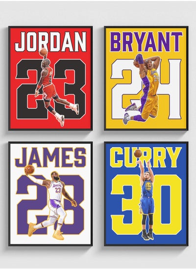 Buy Set of 4  Framed Posters of Michael Jordan, Lebron James, Kobe Bryant, Steph Curry 50x40cm in UAE