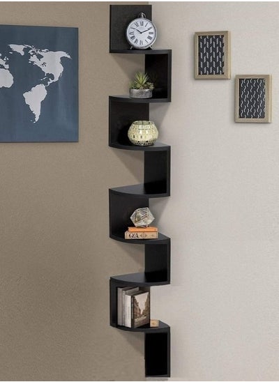 اشتري Wall Mount Corner Shelf Floating Home Office Decorative Shelving Wooden 7 Tier Modern Zigzag Bookcase Object Display Organizer Black في الامارات