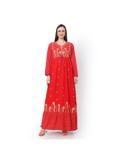 اشتري EMBROIDERED WITH PRINTED SOLID RED COLOUR ARABIC JALABIYA DRESS في الامارات