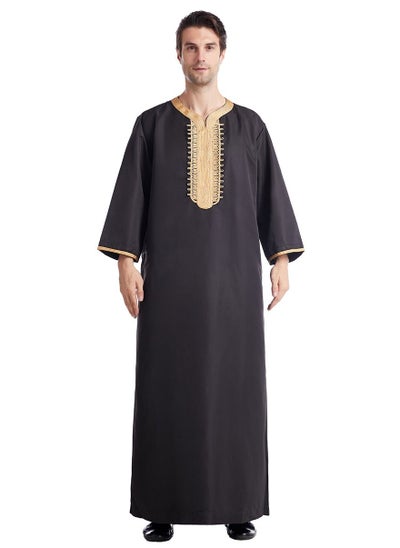 اشتري Men's Casual Full Length Embroidery Abaya Robe Islamic Arabic Kaftan Black/Gold في السعودية