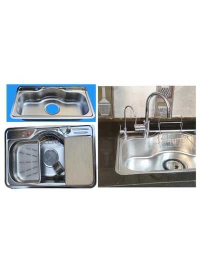 Buy Kitchen sink, 85 x 50, 1 mm thick, including drainer, slicer, strainer, automatic water dispenser, and spoon rack, all in one carton, Roca in Egypt