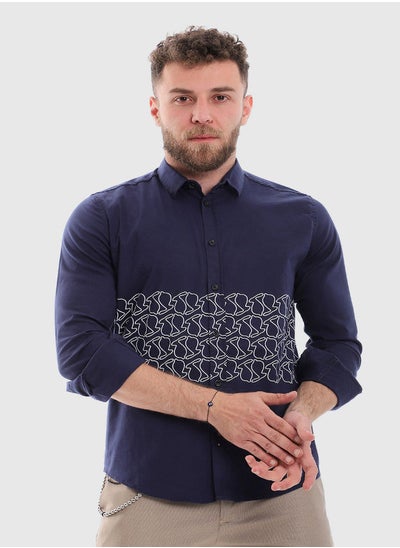 اشتري Printed Long Sleeves Button Down Shirt -Navy Blue في مصر