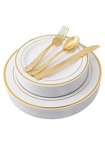 اشتري 125 piece Dinnerware Set 25 Pc 10.25" Dinner Plates 25 7.5" Salad Plates 25 Spoons 25 Forks 25 Knives Party 25 guests Birthday Home Office Gold في الامارات