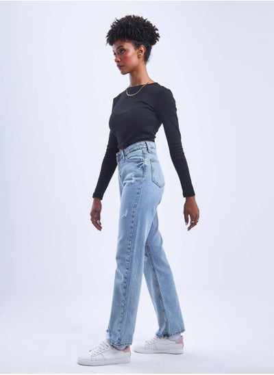 اشتري High-Waist Light Washed Distressed Straight Leg Jeans. في السعودية