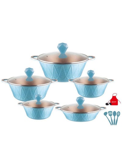 اشتري 17-Piece Granite Saving Energy Aluminum Cookware Set Includes 1xCasserole With Lid 20cm, 1xCasserole With Lid 24cm, 1xCasserole With Lid 28cm, 1xCasserole With Lid 32cm, 1xShallow Casserole With Lid 28cm, 7xCooking Tools Blue في الامارات