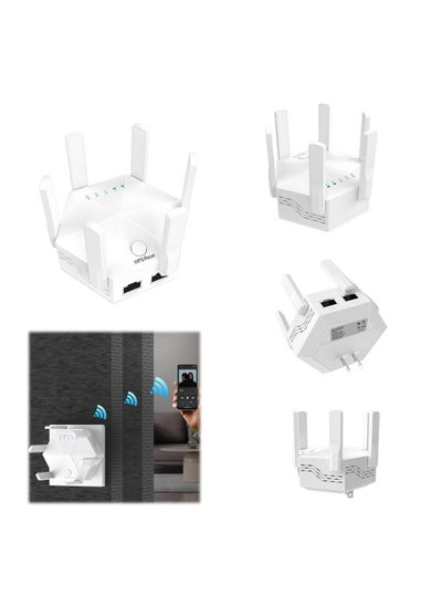 اشتري WiFi Extender, Azonee Signal Amplifier Repeater - 6 Antennas/Three Modes/1200Mbps/2.4+5G Dual Band Coverage up to 10000 sq.ft, Long Range Wireless Internet Repeater for Home House (UK White) في الامارات