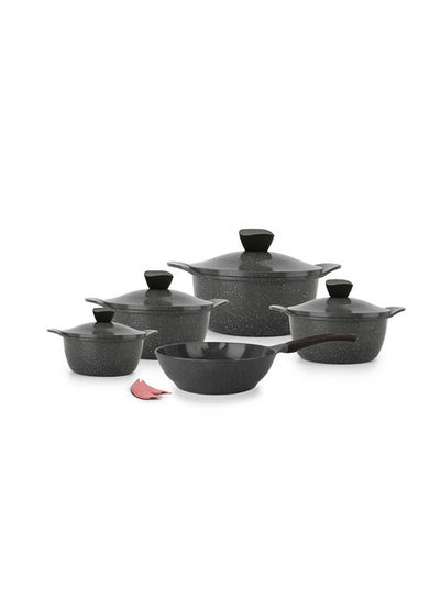 Buy Granite Set 11 (4 Pots 20 24 28 32 - Deep Frying Pan 28 + 2 Silicone Holders pistage) in Egypt