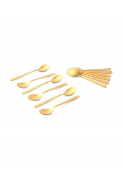 Buy 12pcs Cutlery Set, 18/10 Stainless Steel, Flatware Set, 12pcs Tea Spoon, Shine Gold with Sand Blasting Handle, for Home Kitchen, Mirror & Matte Polish - Dishwasher Safe in UAE