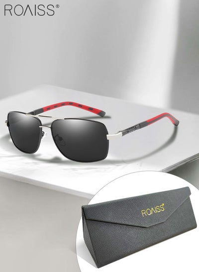 Buy Men's Polarized Rectangular Sunglasses, UV400 Protection Sun Glasses with Metal Frame, Fashion Anti-Glare Sunglasses for Men Driving, Fishing, Traveling, Black Silver, 65mm in Saudi Arabia